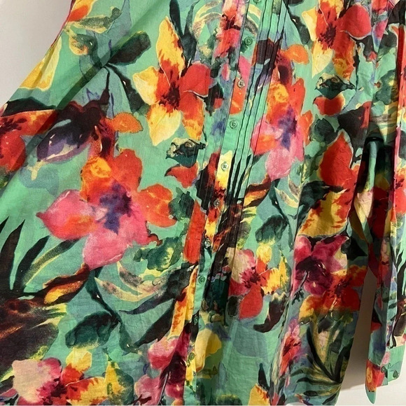 Floral Button Up Blouse Pleated Colorful Blue Pink Yellow Summer Long Sleeve Top - Picture 6 of 7